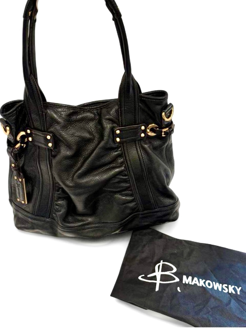 B. MAKOWSKY Black Vintage Leather Pebbled Tote w/ Gold Hardware Y2K Retro Core